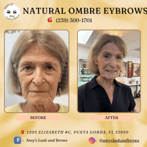 Before and after healed Natural Ombre Eyebrows by Amy’s Lash and Brows in Punta Gorda, showing soft, natural results for mature skin.