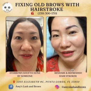 Before and after hairstroke eyebrow correction at Amy Lash and Brows in Punta Gorda, Florida. Natural, soft hair-stroke brows fixing old tattooed eyebrows.
