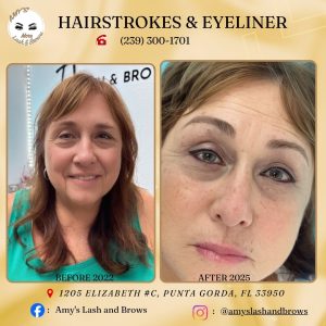 Before and after photo showing Hairstroke Brows and Eyeliner Tattoo at AmyLashAndBrows in Punta Gorda.