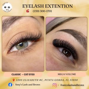 Close-up of mega volume & classsic eyelash extensions by Amy Lash & Brows in Punta Gorda, Florida — ultra-dense, dramatic lashes for bold glamour.