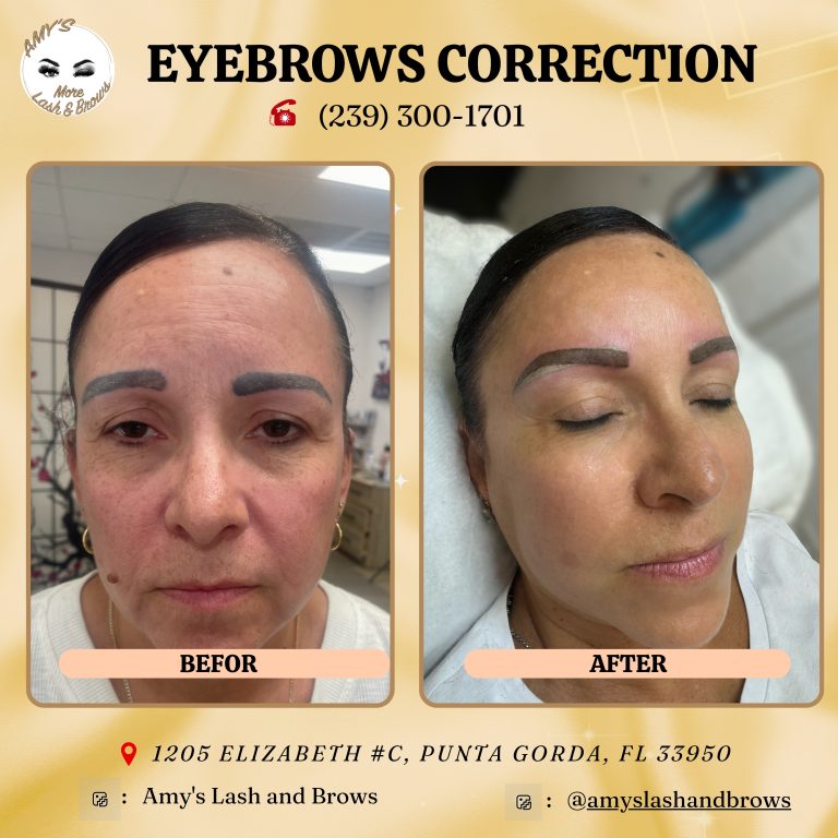 Eyebrow tattoo correction before and after results at Amy’s Lash & Brows in Punta Gorda, FL — fixing dark, uneven, and overdone brows for a softer natural look.
