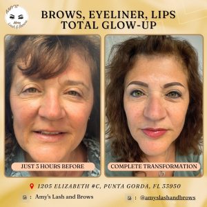 Before and after permanent makeup showing brows, eyeliner, and lip blush transformation at AmyLashAndBrows in Punta Gorda.